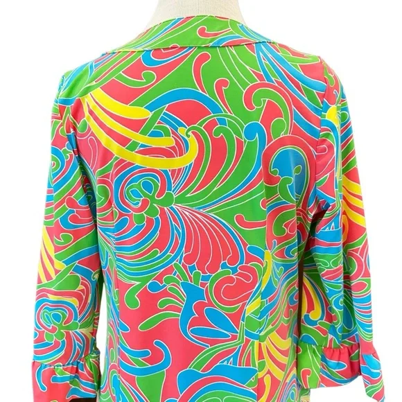 KATHERINE WAY BOLD MOD LONG SLEEVE SUMMER DRESS BOLD COLORFUL PRINT 1960s 1970s - Picture 5 of 13